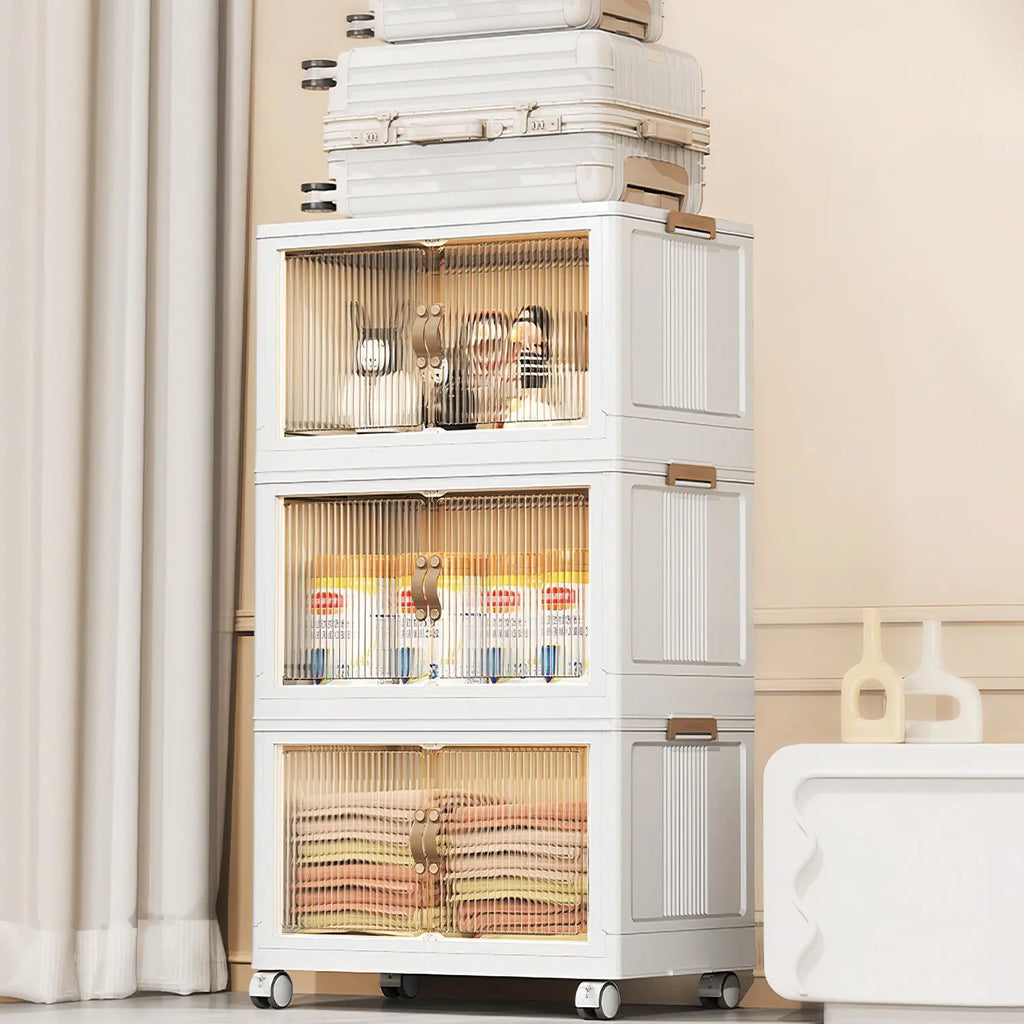 Set of 3 Foldable Storage Bins with Lids, Wheels, and Magnetic Front Doors for Convenient Shipping