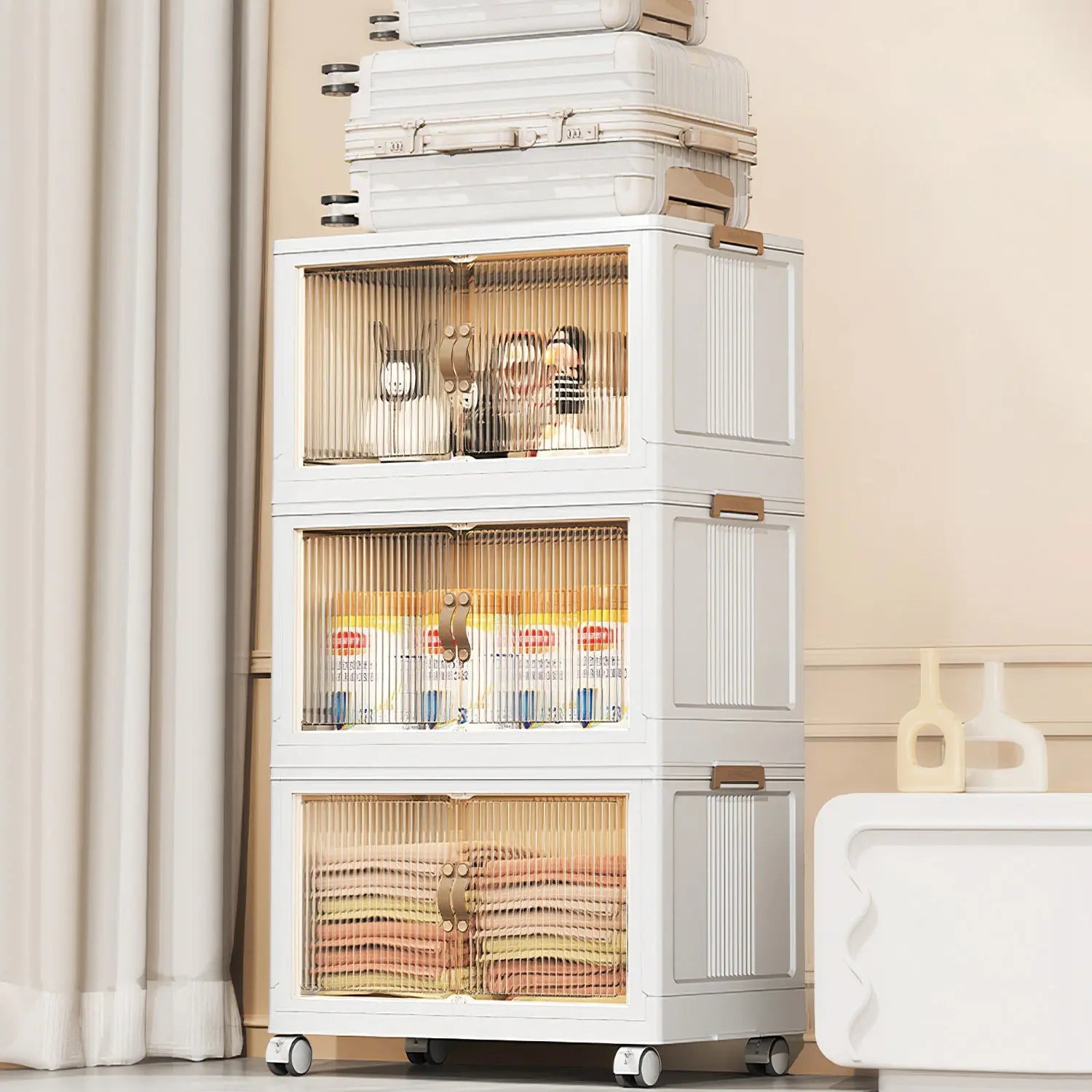 Set of 3 Foldable Storage Bins with Lids, Wheels, and Magnetic Front Doors for Convenient Shipping