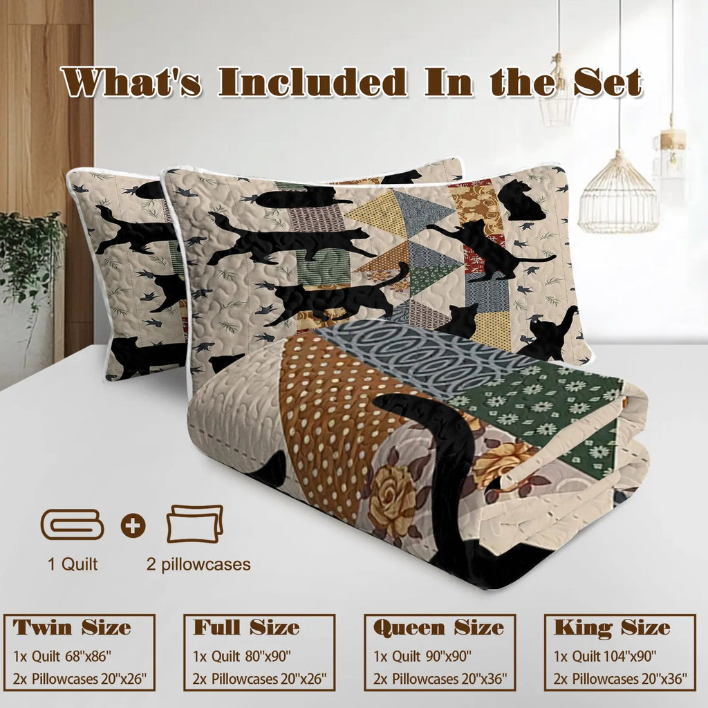Black Cat Multi-Posture Pattern Blanket Set - 3 Pieces All-Season Bedding with 2 Pillowcases for Children, Teenagers, and Adults, Ideal for Bedrooms