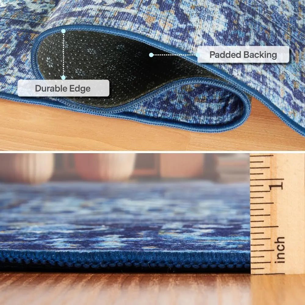 Realife Machine Washable Area Rug - Versatile Padded Low Pile Stain Resistant Design for Living Room, Bedroom, Bathroom, Kitchen, Entryway, and Office - Boho Vintage Traditional Style - Lyle in Blue, 7'6" x 9'6