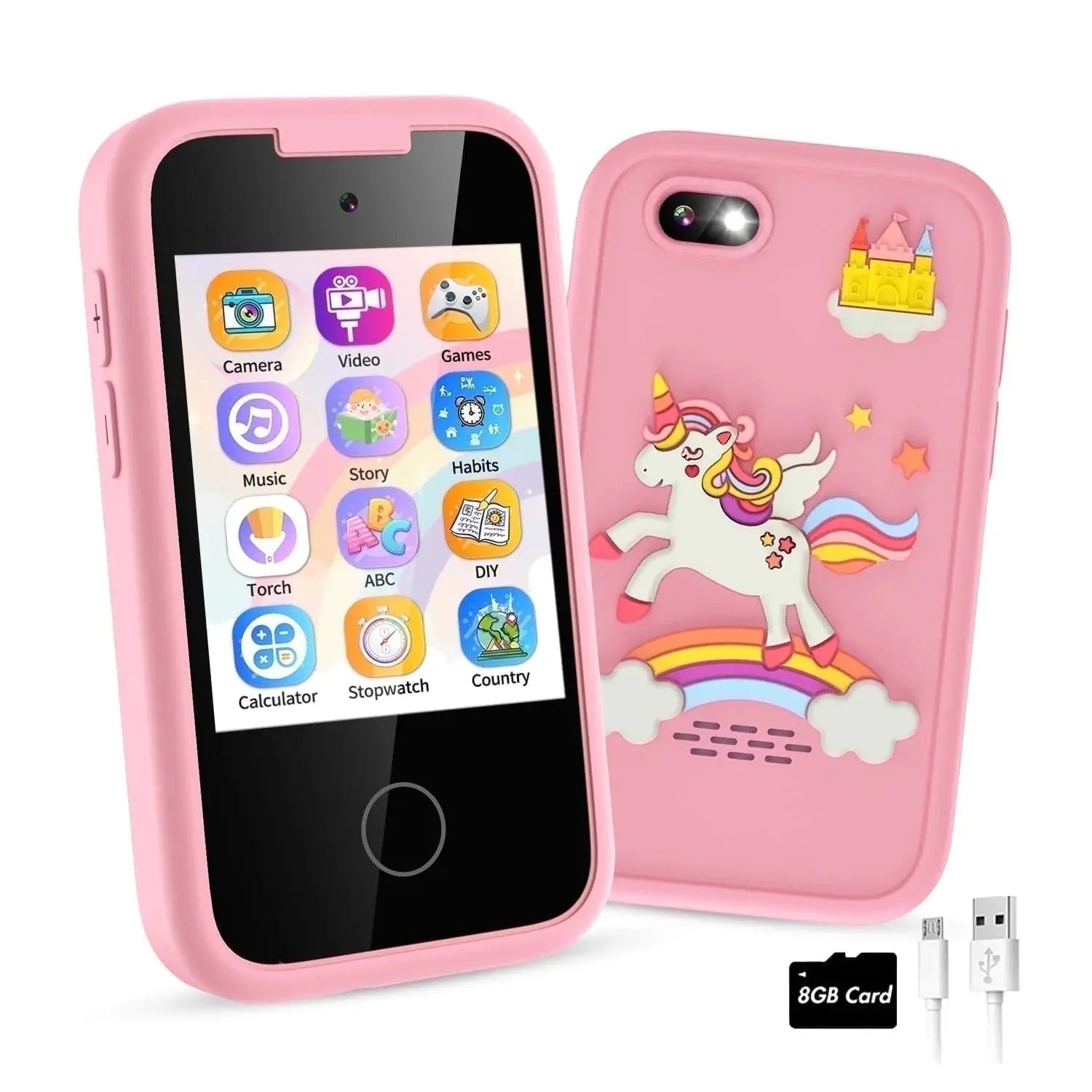 Girls' Smart Phone with Unicorn Design - Dual Camera, Music, Games, and Stories - Touchscreen Learning Toy for Ages 6-8 - Ideal Christmas and Birthday Gift for 3-7 Year Olds with 8GB SD Card