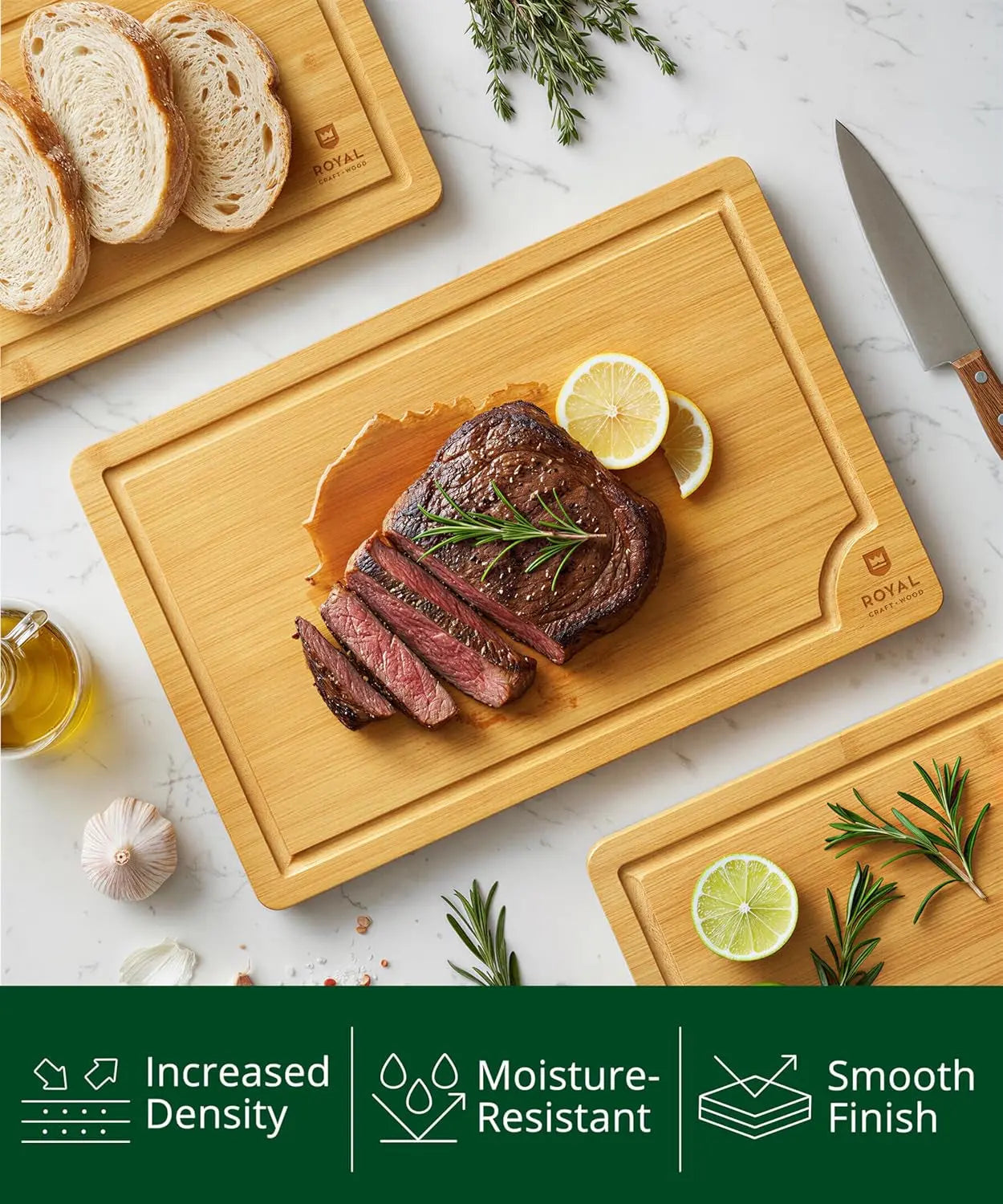 Premium Bamboo Cutting Board Set for Kitchen Preparation and Serving - Features Deep Juice Groove and Side Handles - Ideal for Charcuterie and Butchering