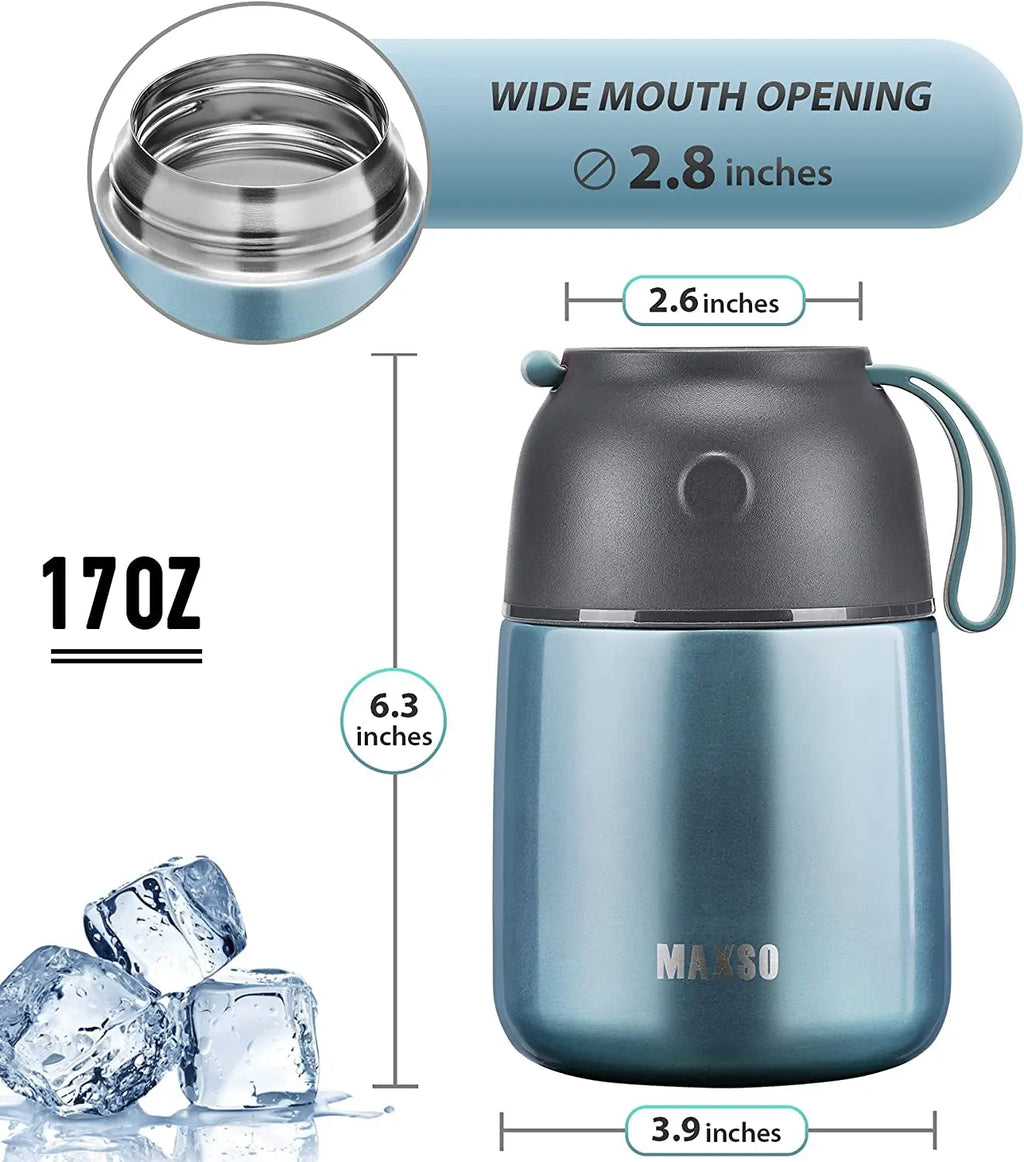 17 Oz Insulated Thermal Food Jar for Hot and Cold Meals, Triple Layer Stainless Steel Container with Spoon, Ideal for Kids and Adults (Light Blue)