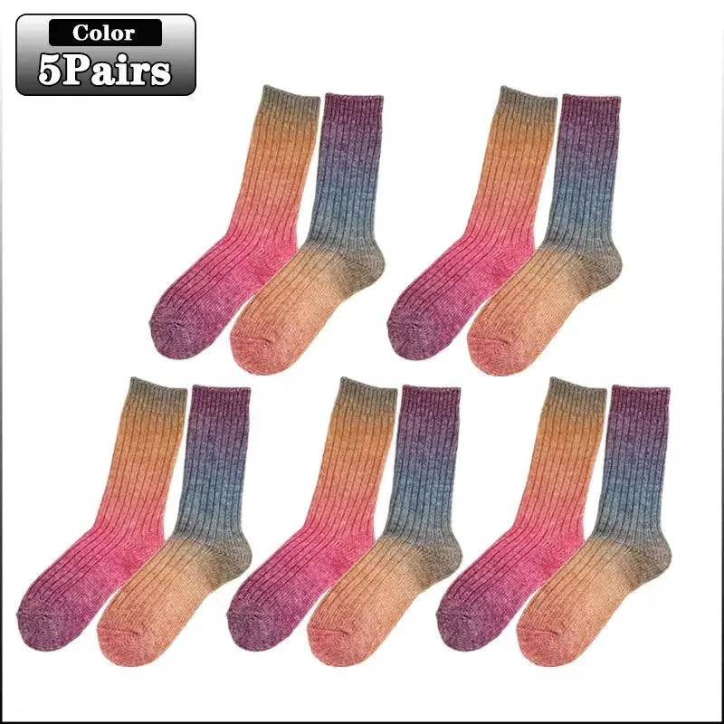 Gradient Wool Mid-Calf Socks for Autumn and Winter - Thickened Warm Rainbow-Colored Floor Socks