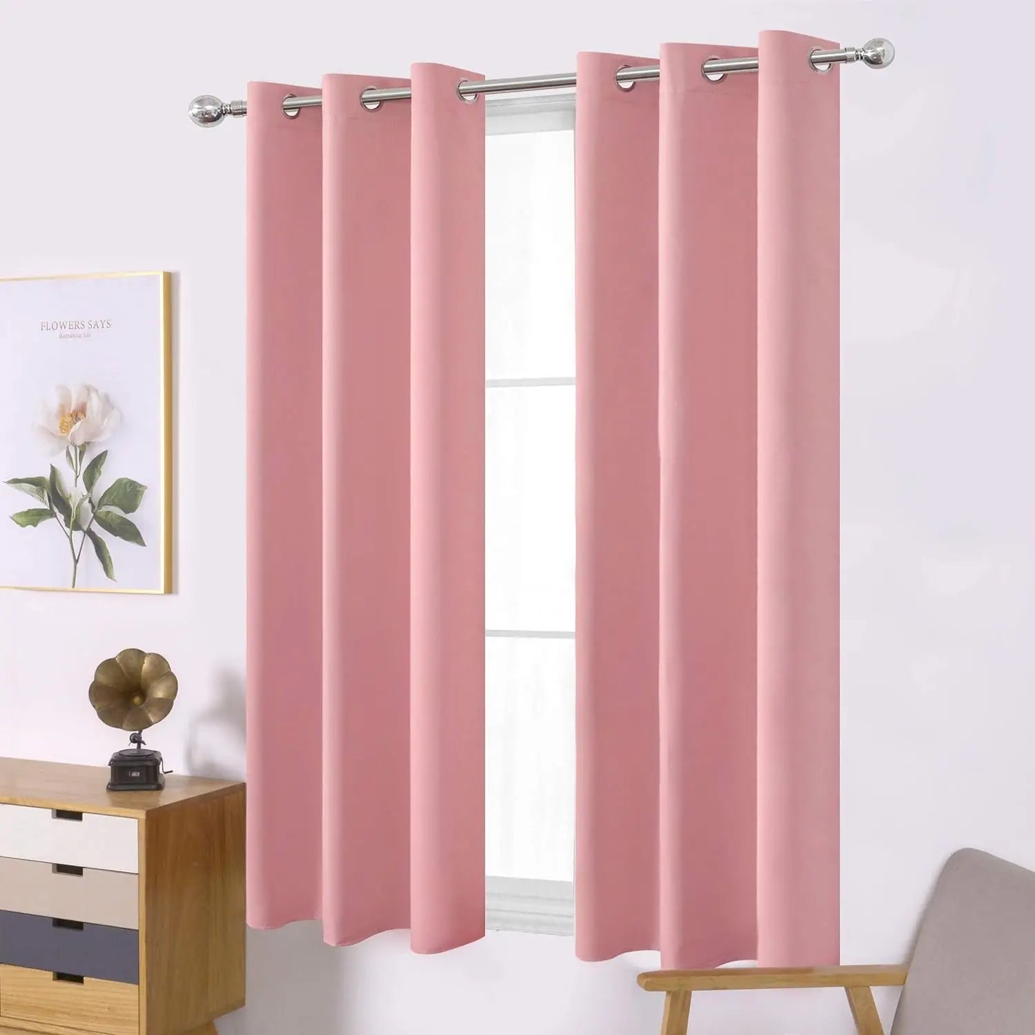Set of Two Grommet Blackout Curtains in Baby Pink, 42 x 63 Inches for Bedroom