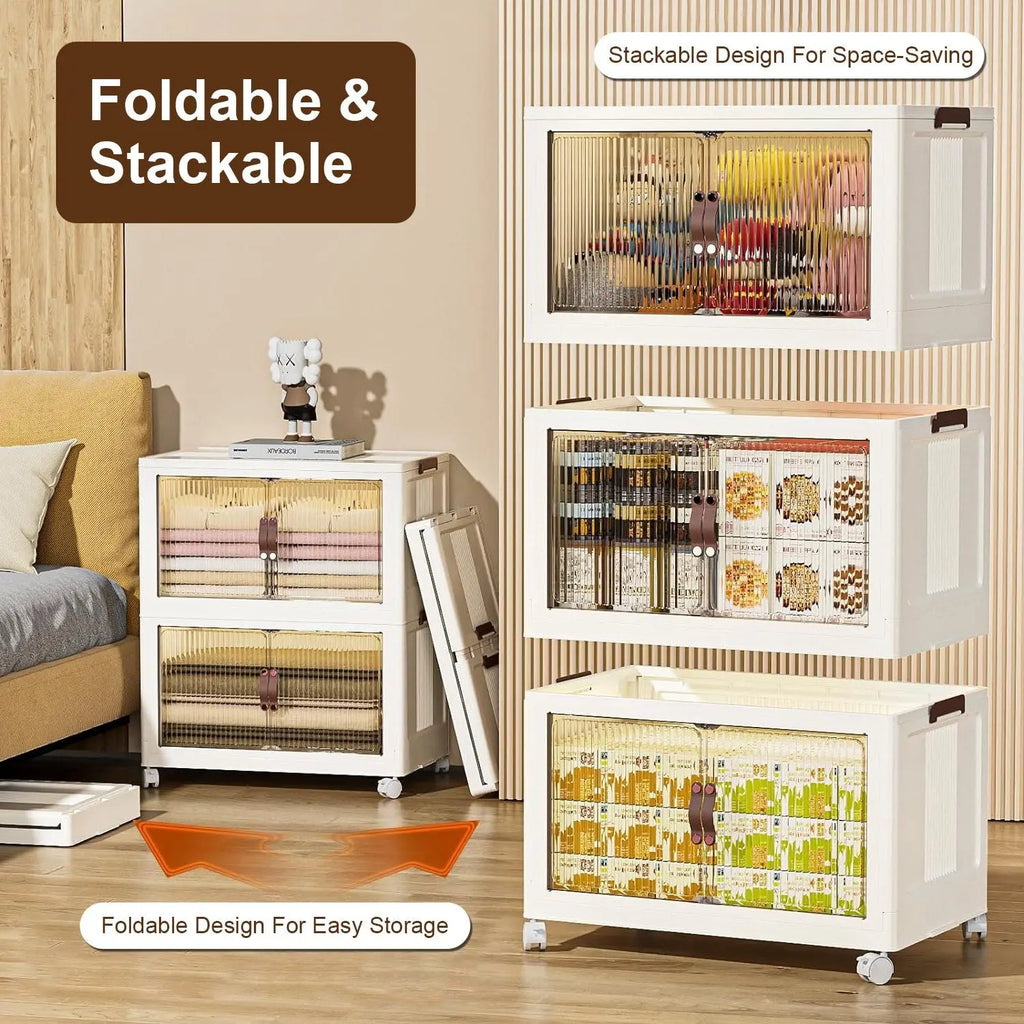 Set of 3 Foldable Storage Bins with Lids, Wheels, and Magnetic Front Doors for Convenient Shipping