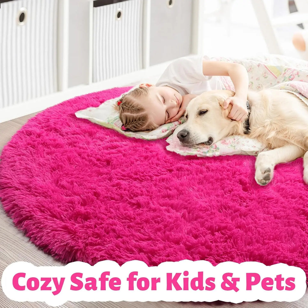4Ft Hot Pink Round Fluffy Area Rug for Girls' Bedroom - Plush Shag Carpet for Kids' Room Decor, Living Room, Nursery, Dorm, Classroom, and Teen Spaces