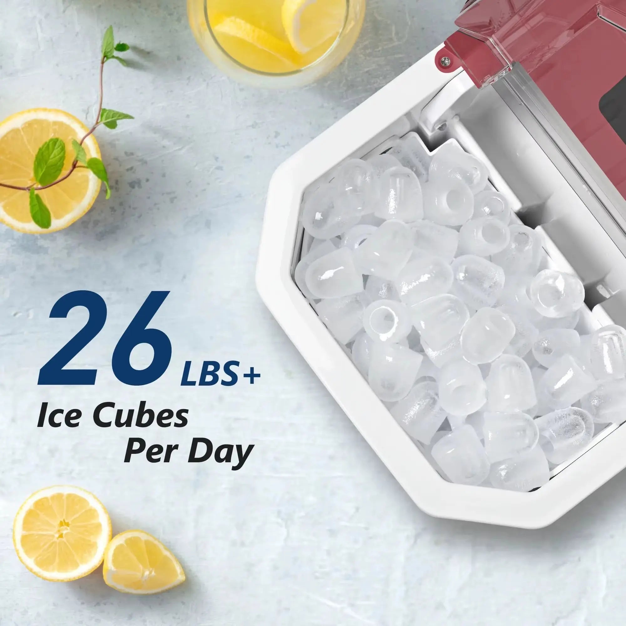 SIMZLIFE Portable Countertop Ice Maker, 26.5 lbs/24H, 9 Cubes in 6 Minutes, Self-Cleaning with Handle, Red