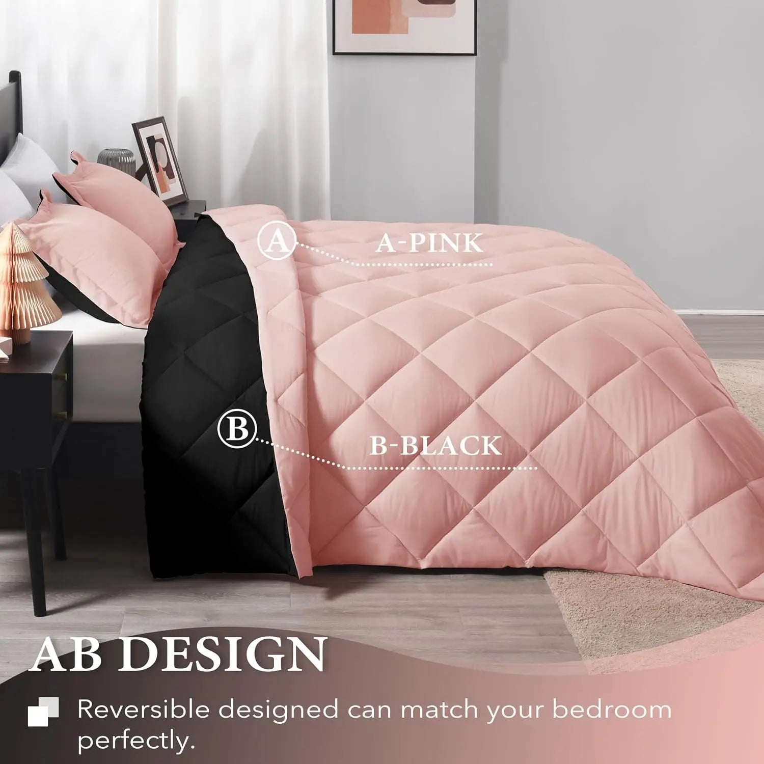 Twin Comforter Set - All-Season Soft Bedding in Pink and Black, Includes 1 Comforter (66" x 92") and 1 Pillow Sham (20" x 26") - 2 Pieces