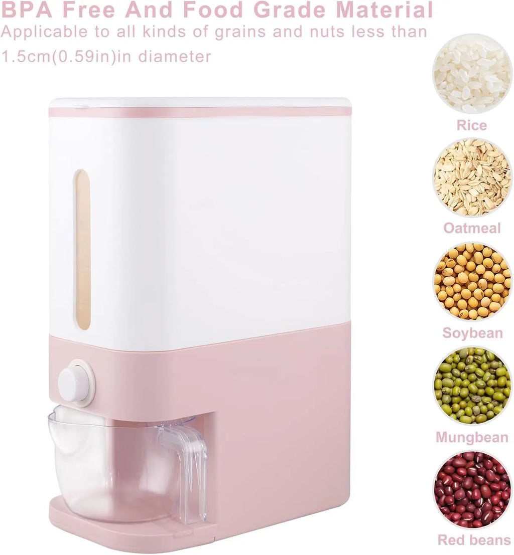 22.5-25 Lbs Pink Rice Dispenser and Storage Container with Measuring Cup for Household Kitchen Use