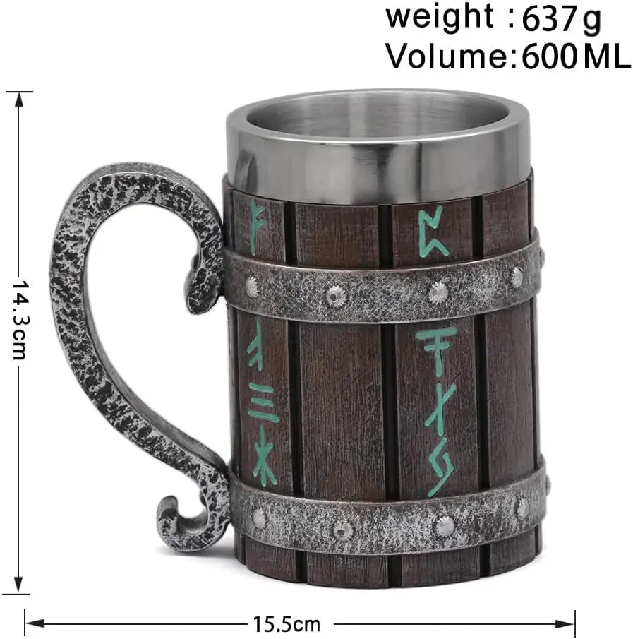 Norse-Inspired Stainless Steel and Wooden Viking Coffee Mug - Ideal Gift for Men, Beer Stein