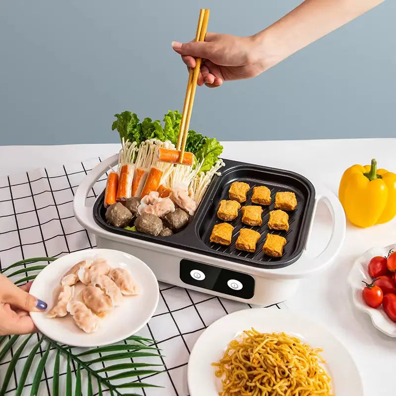 2-in-1 Non-Stick Electric Shabu Pot and Griddle Multi-Cooker for BBQ, Ramen, and Noodles
