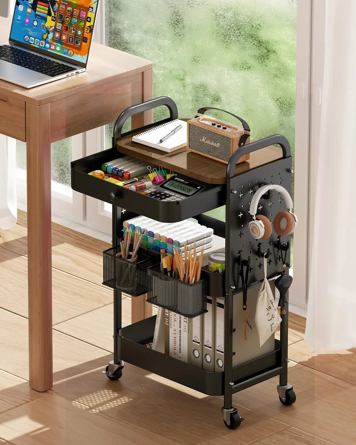 3-Tier Metal Rolling Utility Cart with Drawer and Wooden Tabletop, Features DIY Pegboards, Hanging Baskets, and Hooks for Versatile Use in Bedroom, Office, and Craft Supplies (Black)