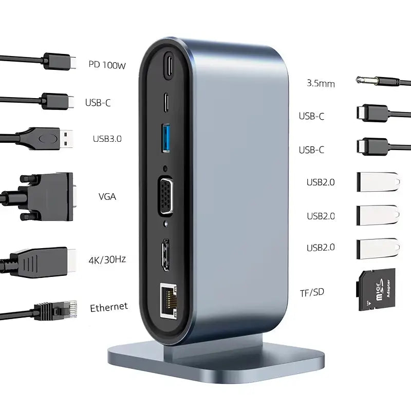 USB C 3.0 Hub with Multi 4K HDMI, RJ45 Ethernet, VGA, and PD Power Adapter Docking Station for Laptops