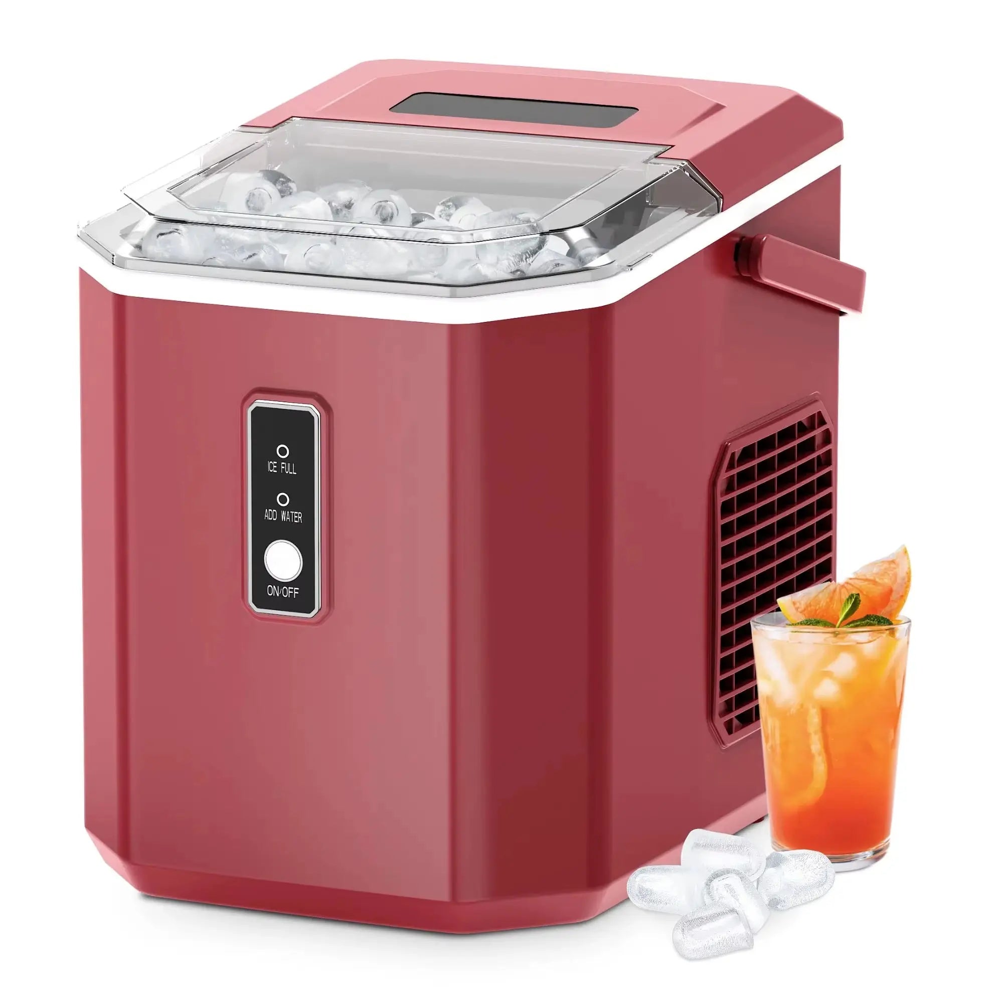 SIMZLIFE Portable Countertop Ice Maker, 26.5 lbs/24H, 9 Cubes in 6 Minutes, Self-Cleaning with Handle, Red