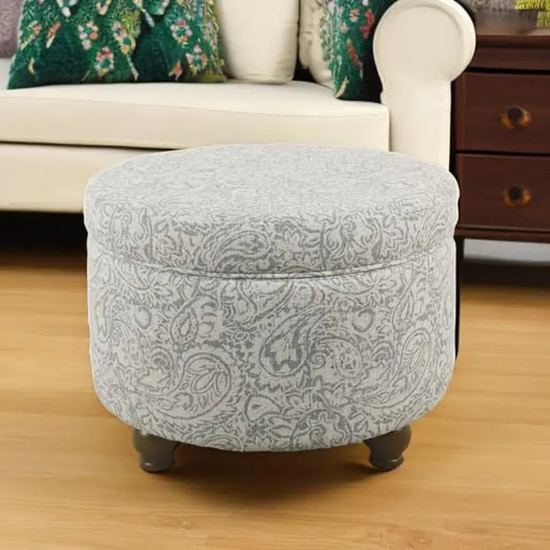 Upholstered Round Storage Ottoman for Living Room and Bedroom in Gray Floral Design