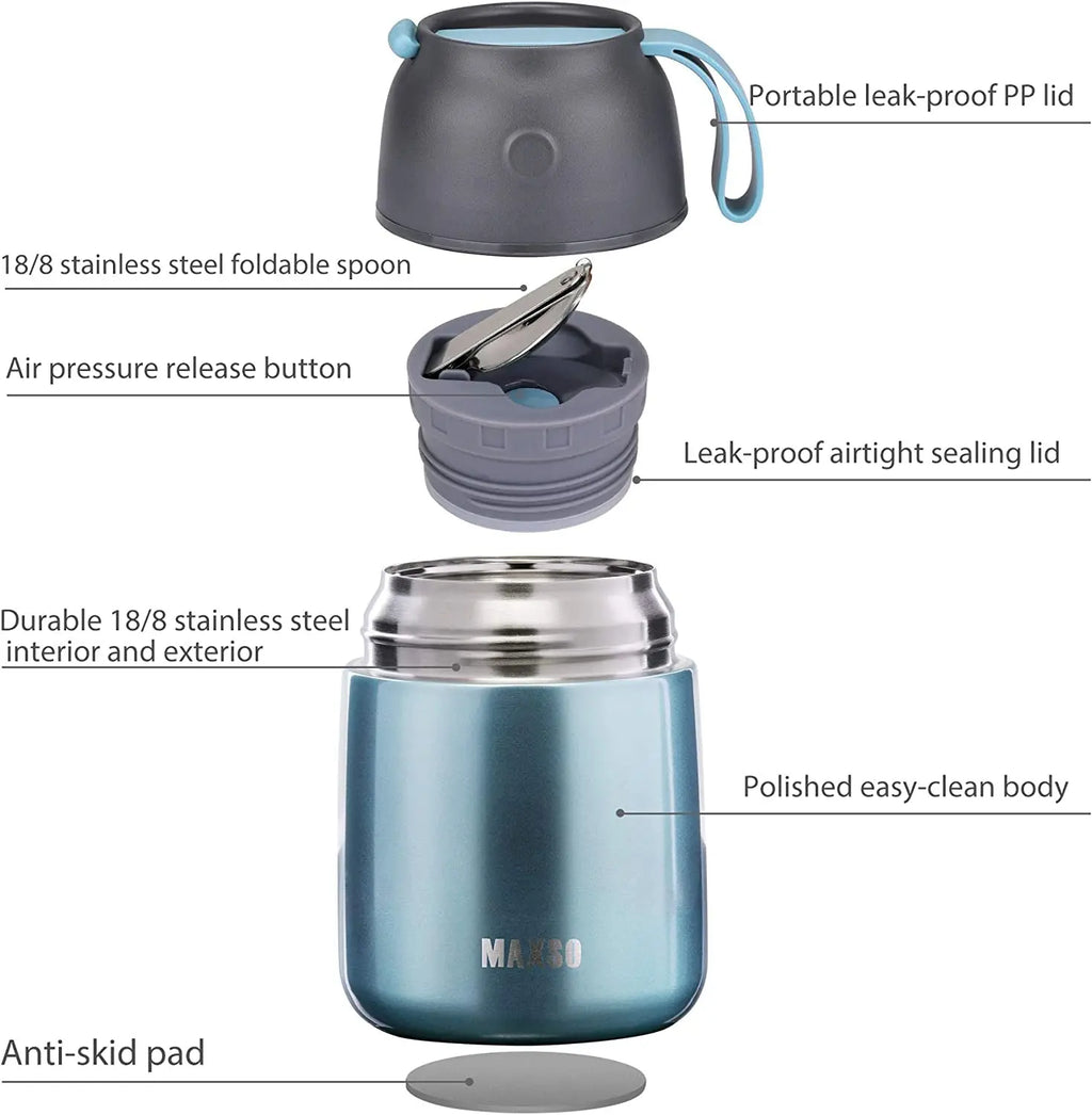 17 Oz Insulated Thermal Food Jar for Hot and Cold Meals, Triple Layer Stainless Steel Container with Spoon, Ideal for Kids and Adults (Light Blue)
