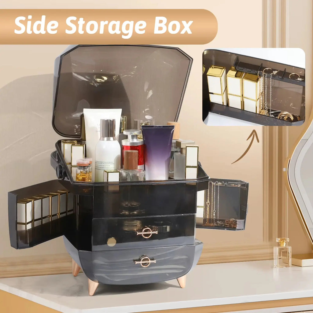 Vanity Makeup Organizer with Lid and Drawers - Portable Skincare Storage and Cosmetic Display Case