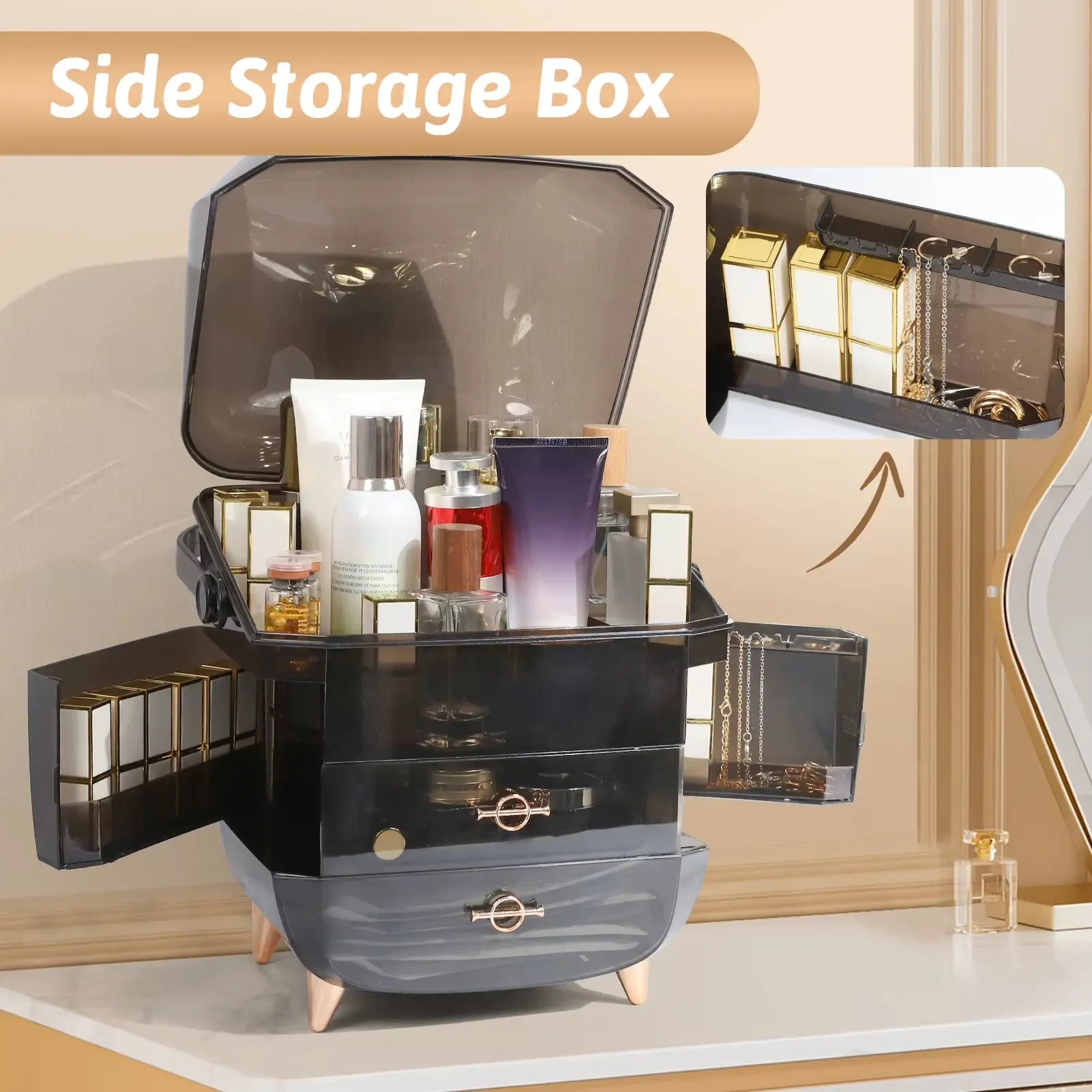Vanity Makeup Organizer with Lid and Drawers - Portable Skincare Storage and Cosmetic Display Case