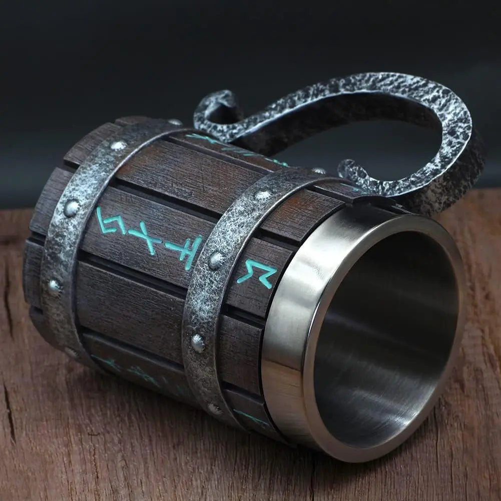 Norse-Inspired Stainless Steel and Wooden Viking Coffee Mug - Ideal Gift for Men, Beer Stein