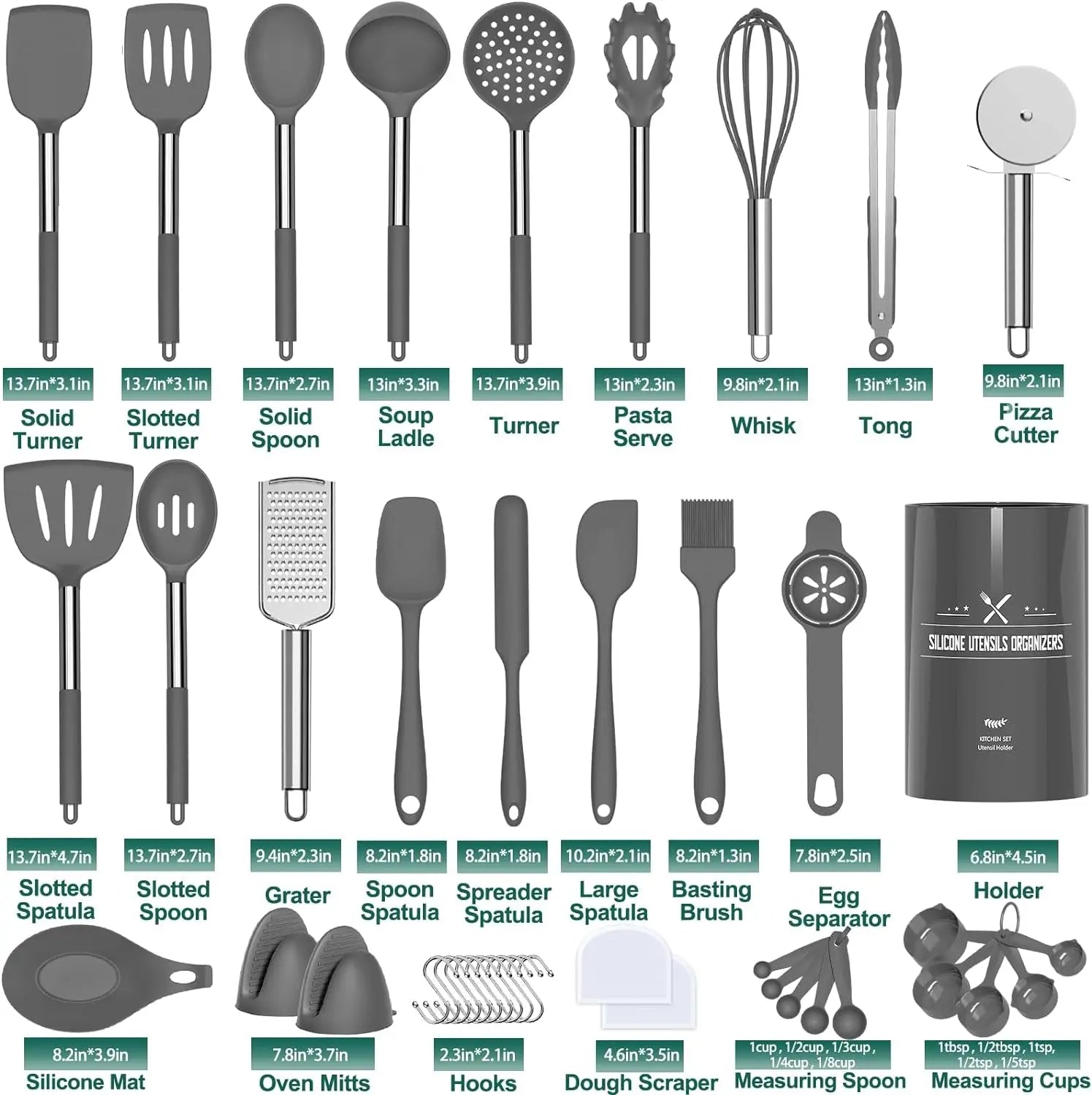 43-Piece Silicone Cooking Utensil Set with Stainless Steel Handles, Non-Stick and Heat Resistant - Premium Cookware (Grey)