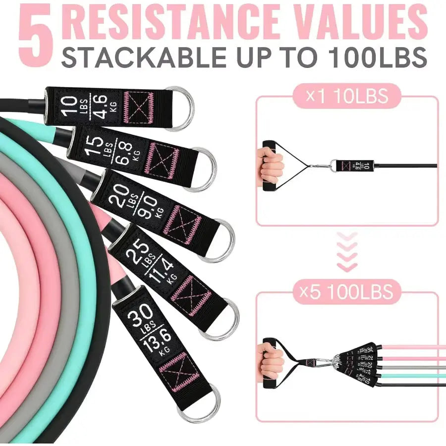 Professional Resistance Bands Set for Strength Training - 12-Piece Exercise Bands with Handles and Door Anchors, 10-100LB Range by Makaron