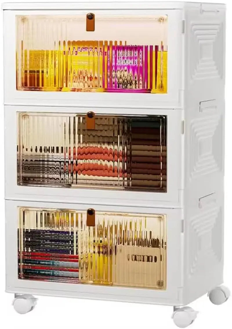 4-Tier Stackable Plastic Storage Bins with Lids, 23QT Capacity, Collapsible Design with Wheels