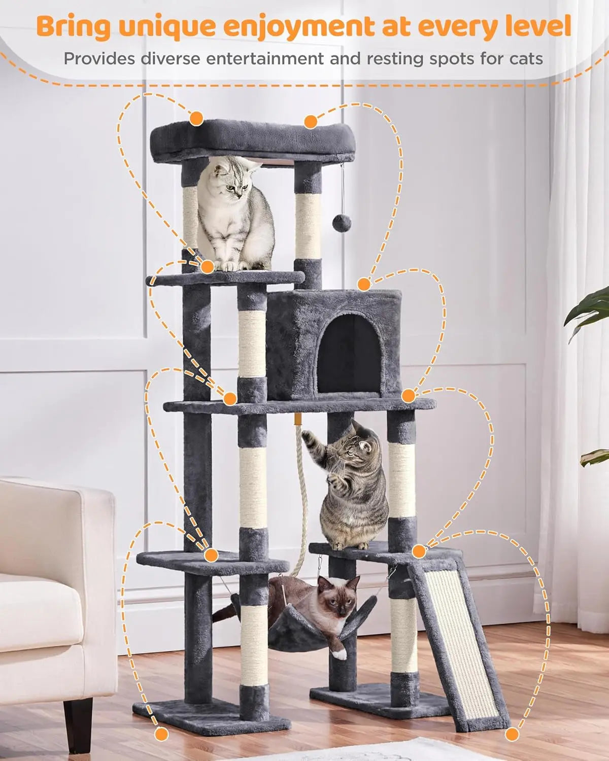63-Inch Multi-Level Cat Tree with Sisal Scratching Posts, Condo, Hammock, Hanging Toy, and Extended Platform for Play and Rest