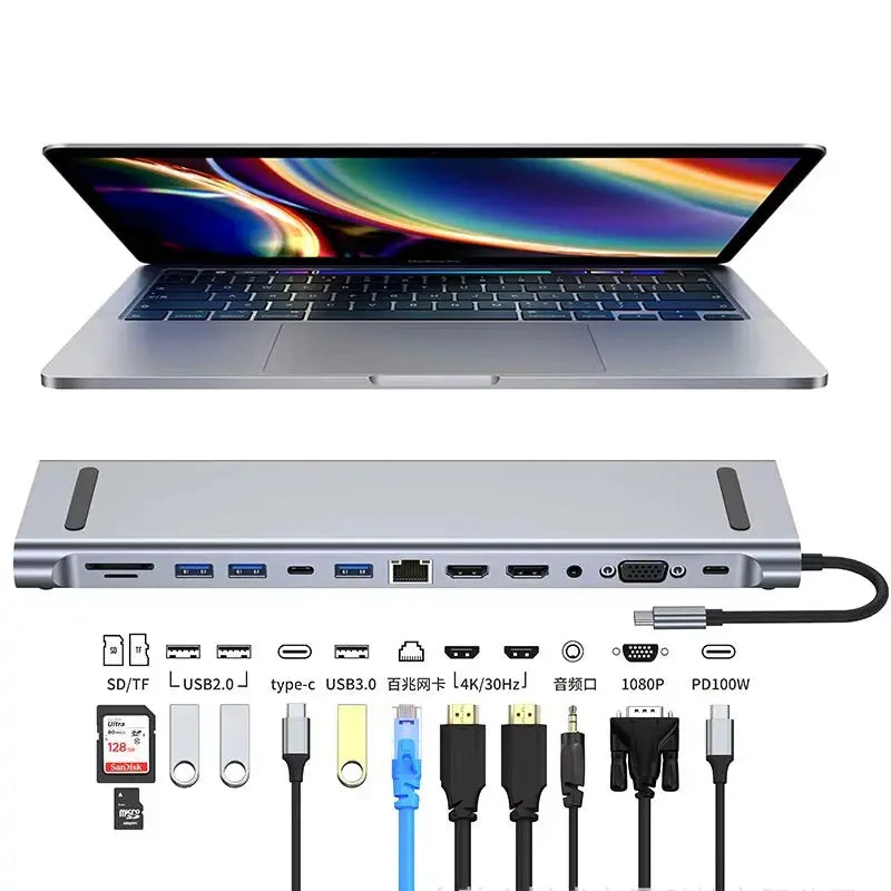 USB C 3.0 Hub with Multi 4K HDMI, RJ45 Ethernet, VGA, and PD Power Adapter Docking Station for Laptops