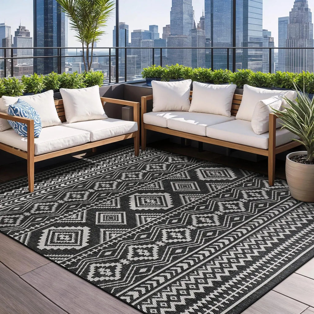 Waikiki Boho 5x7 Indoor Outdoor Washable Carpet for Patio, Deck, and Porch - Bohemian Area Rug with Aztec Tribal Design in Black and White