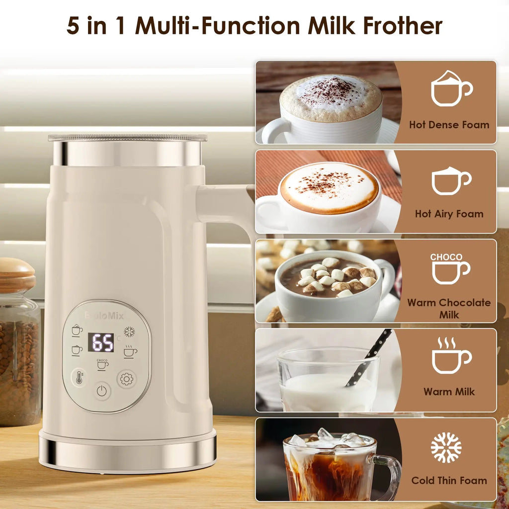 5-in-1 Milk Frother with LED Touchscreen - Versatile Hot and Cold Foam Maker for Lattes, Coffee, and More