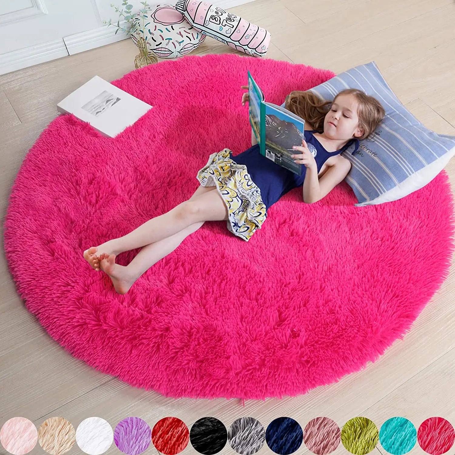 4Ft Hot Pink Round Fluffy Area Rug for Girls' Bedroom - Plush Shag Carpet for Kids' Room Decor, Living Room, Nursery, Dorm, Classroom, and Teen Spaces