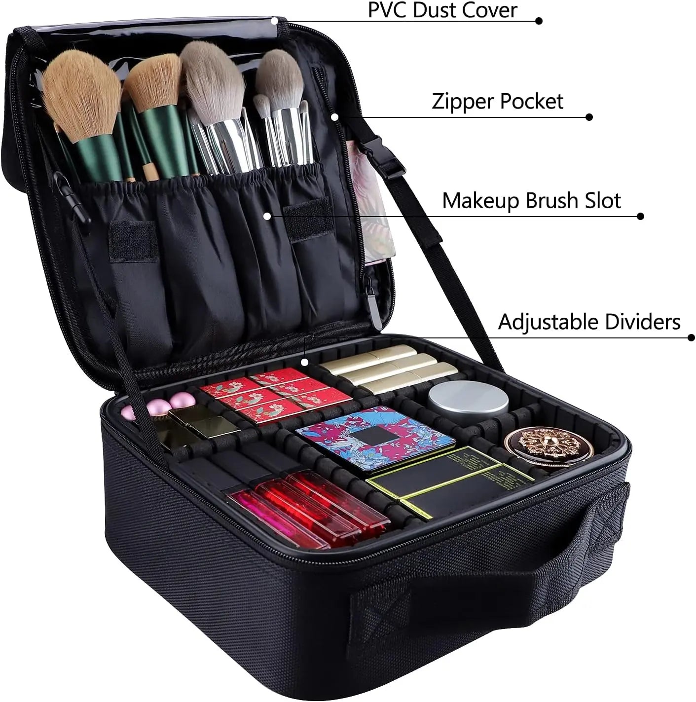 Portable 10.4" Makeup Train Case - Professional Artist Organizer with Adjustable Dividers in Oxford Cloth for Cosmetics and Brushes (Black)