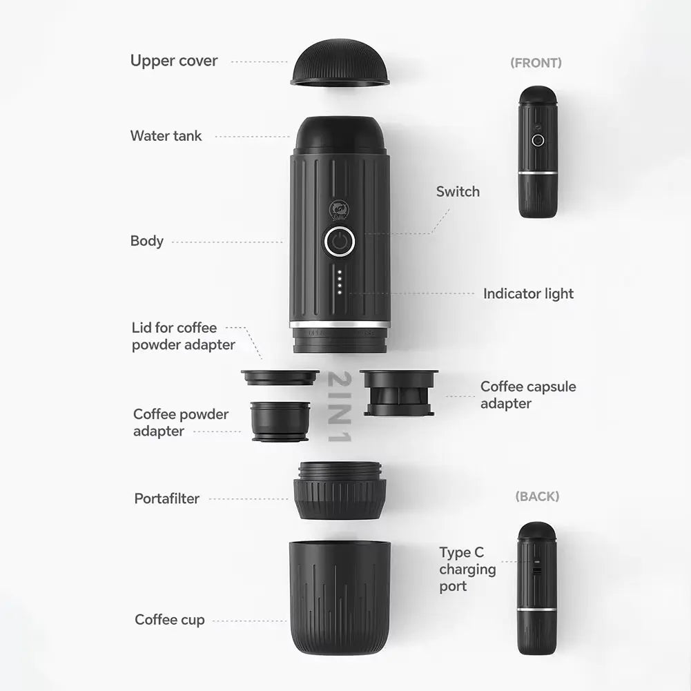 Portable Electric Espresso Machine - 2-in-1 Coffee Maker for Capsules and Ground Coffee, Ideal for Hiking