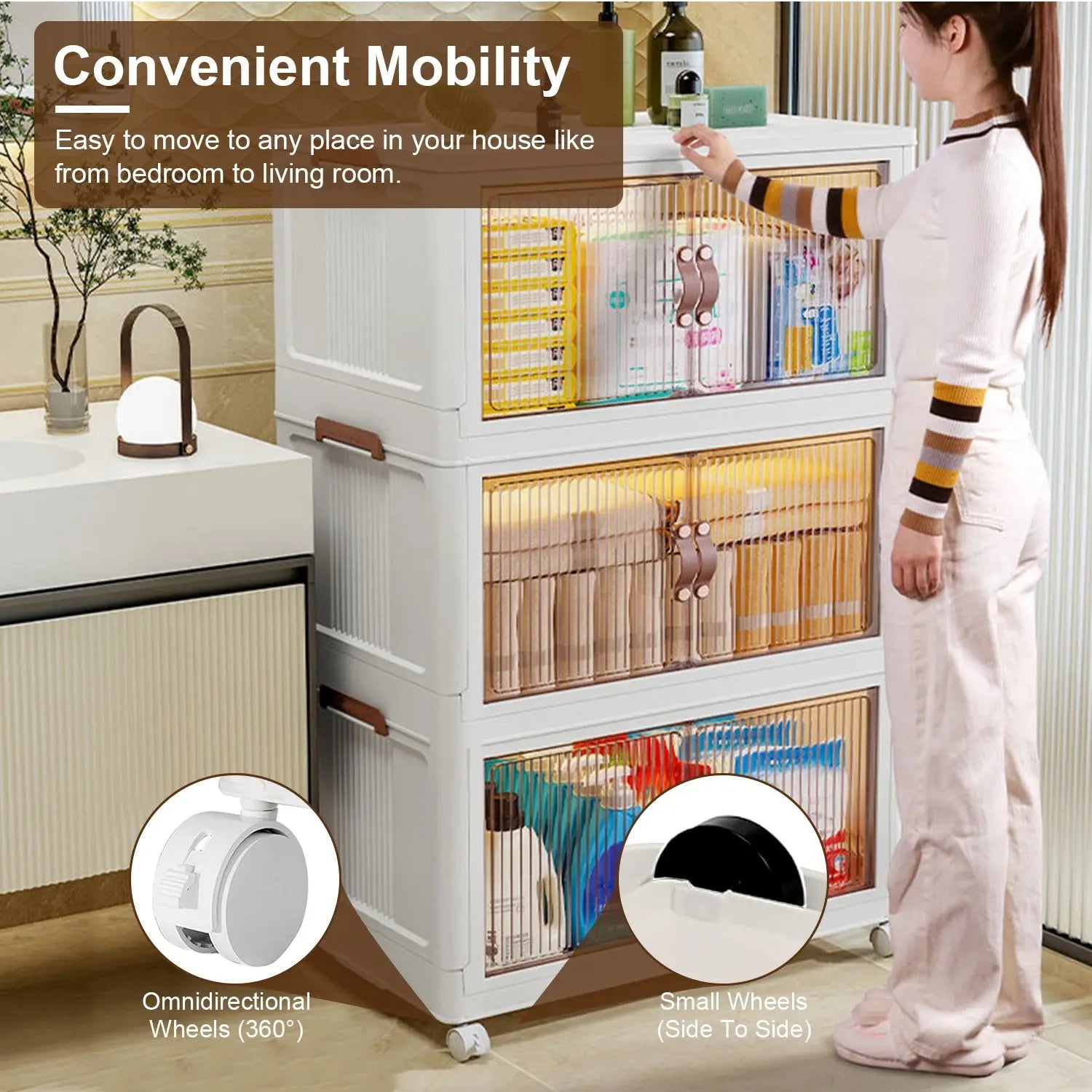 Set of 3 Foldable Storage Bins with Lids, Wheels, and Magnetic Front Doors for Convenient Shipping