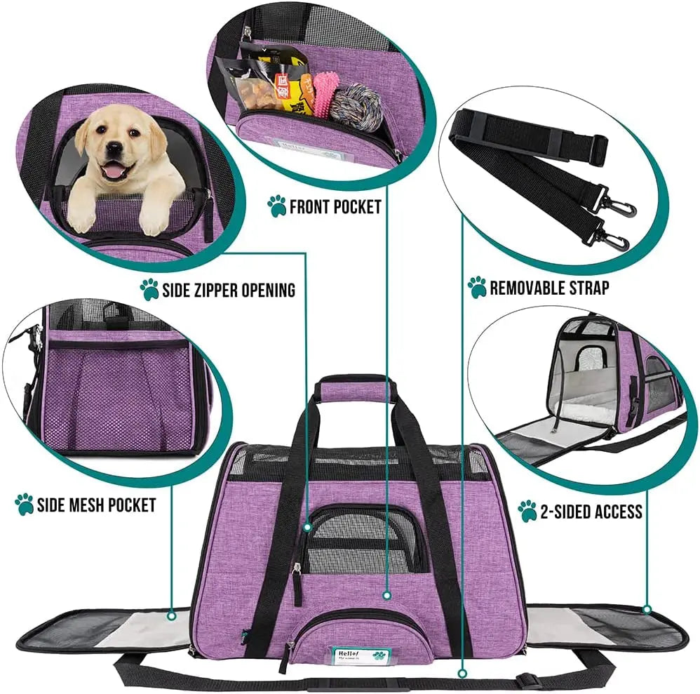 Airline-Approved Soft-Sided Pet Carrier for Cats and Small Dogs, Ventilated Travel Bag for Indoor Cats, Medium Kittens, and Puppies in Large Heather Purple