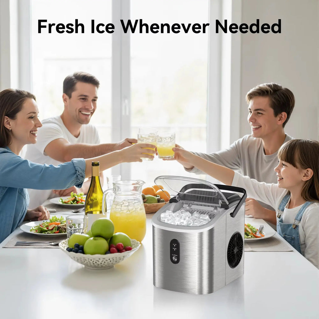 SIMZIFE Portable Countertop Ice Maker with Handle, Producing 26 lbs of Ice per Day, 9 Cubes in 6 Minutes, Auto-Cleaning Feature, Available in Black and Silver