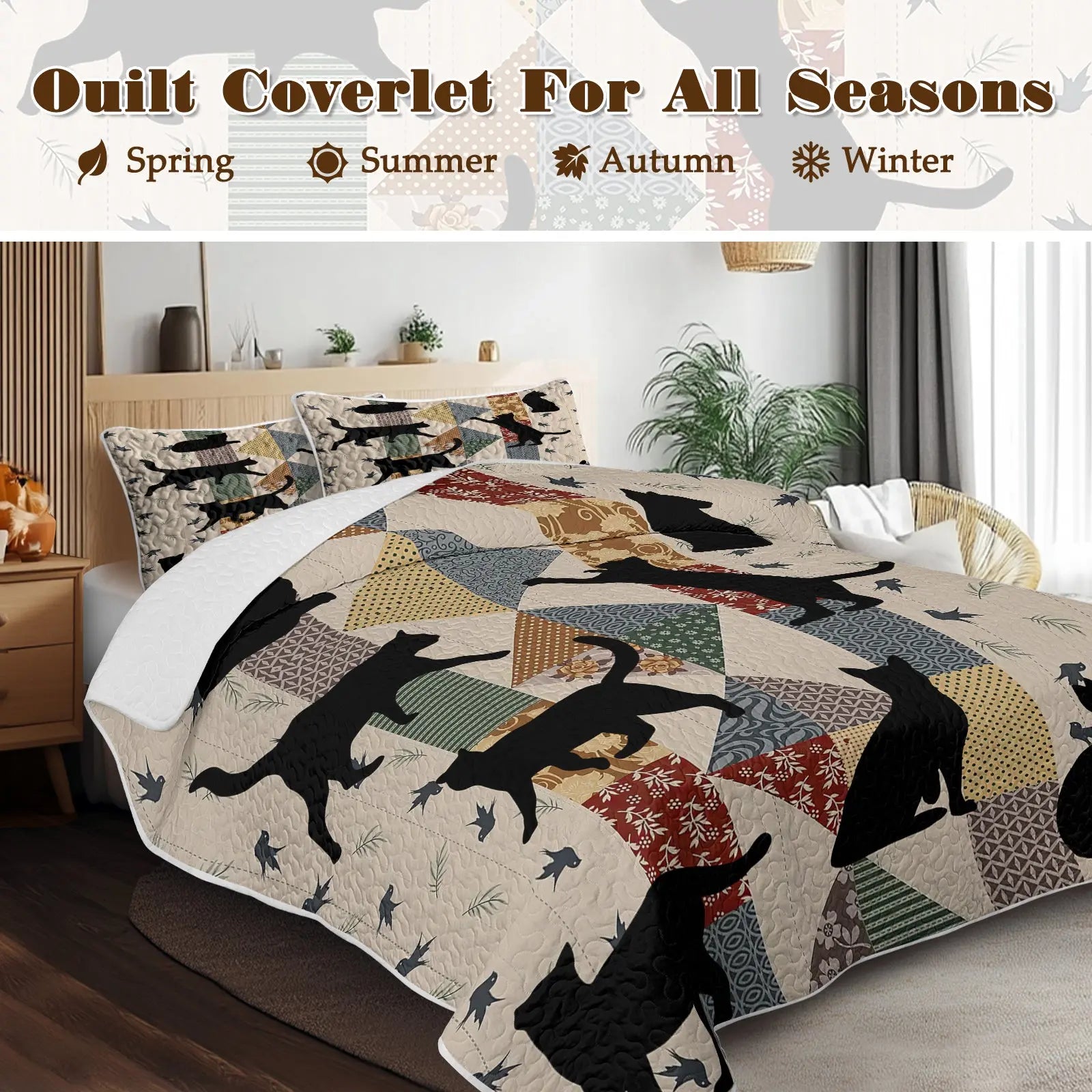Black Cat Multi-Posture Pattern Blanket Set - 3 Pieces All-Season Bedding with 2 Pillowcases for Children, Teenagers, and Adults, Ideal for Bedrooms