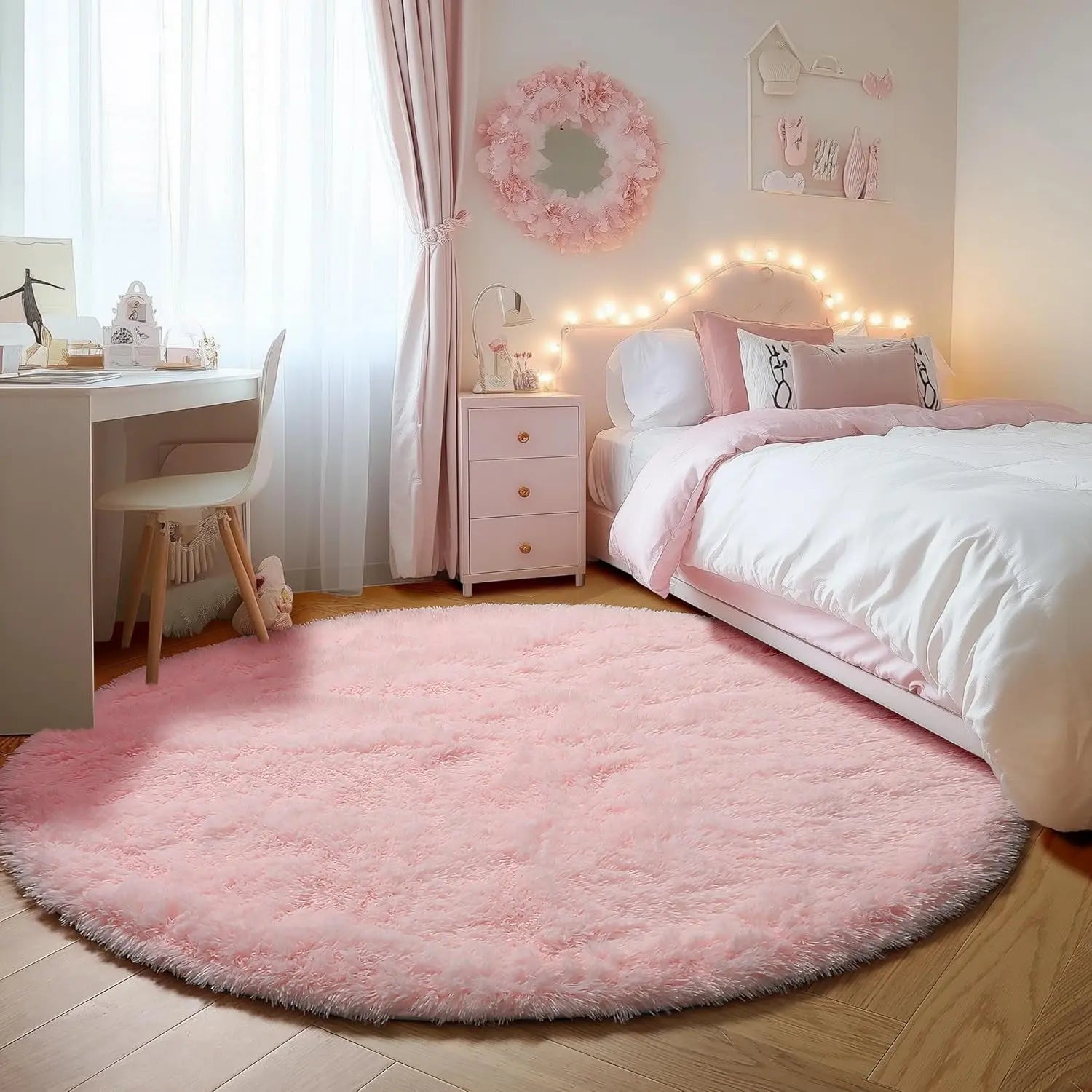 Light Pink Round Area Rug - 2ft Soft Plush Shaggy Carpet for Bedroom, Living Room, and Nursery - Washable Fluffy Mat for Kids and Pets - Aesthetic Home Decor