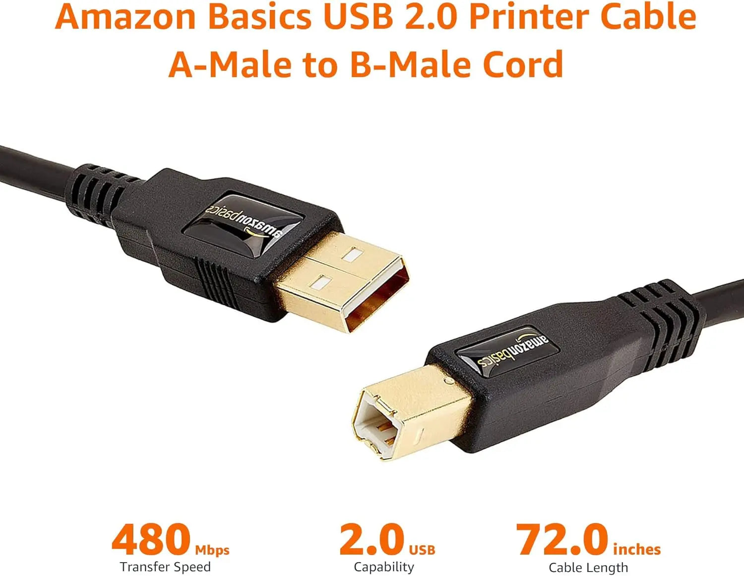 6-Foot USB-A to USB-B 2.0 Cable for Printers and External Hard Drives, Compatible with Computers, Featuring Gold-Plated Connectors, Black