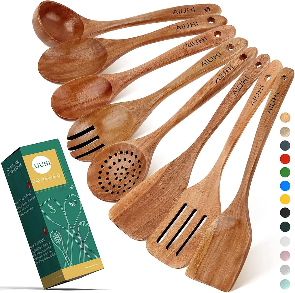 Teak Wood Cooking Utensil Set - 8-Piece Nonstick, Scratch-Resistant Kitchen Spoons