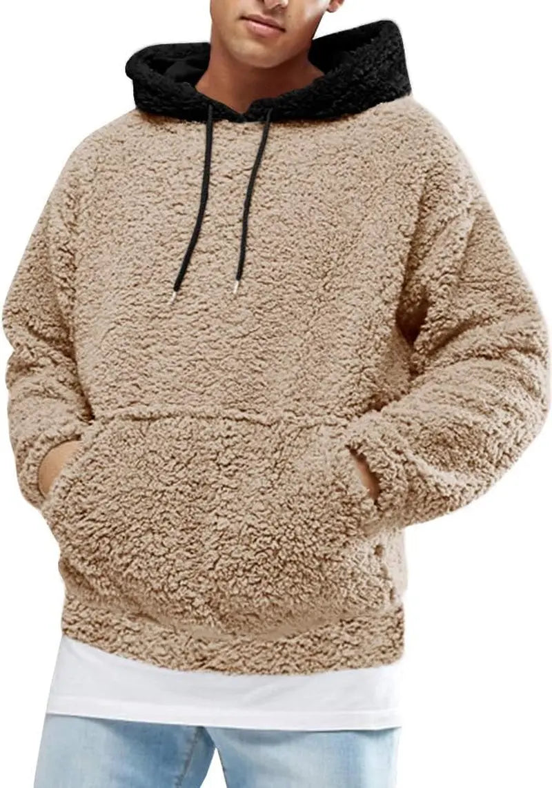 Men's Fuzzy Sherpa Pullover Hoodie Sweatshirt with Front Pocket - Long Sleeve Military Style Fall and Winter Outwear