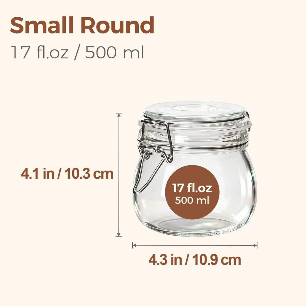 17Oz Airtight Glass Jars with Lids - Set of 6 Food Storage Containers with Clear Preserving Seal and Wire Clip Fastening for Kitchen Canning and Pickling
